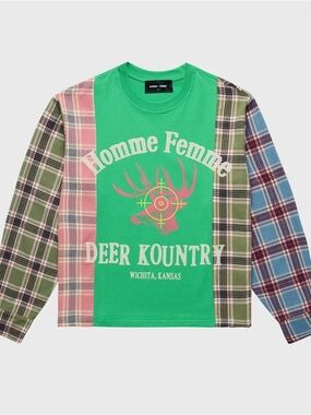 Homme Femme "Deer Kountry" Green Plaid Sleeve Longsleeve Sz M (24PTP)